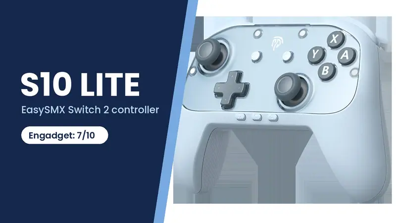 EasySMX S10 Lite Switch 2 controller in ice blue beside the text S10 Lite and Engadget: 7/10