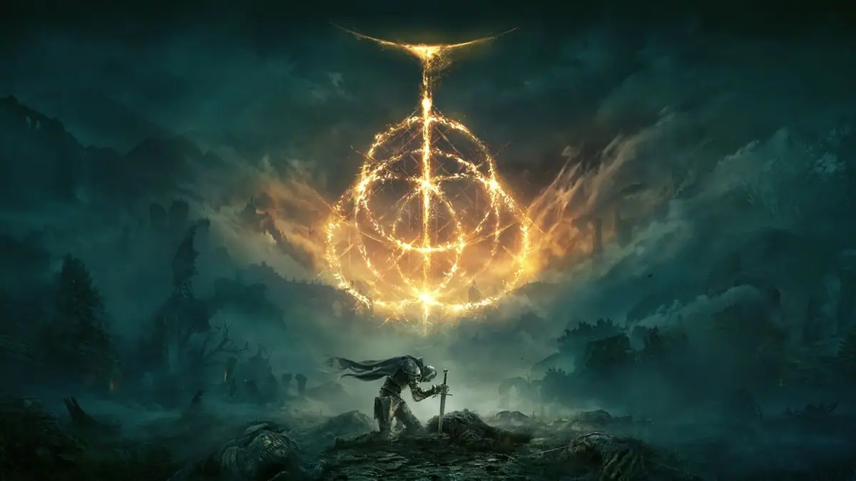 Official Elden Ring key art: a kneeling knight beneath a glowing golden Elden Ring in a misty ruined landscape