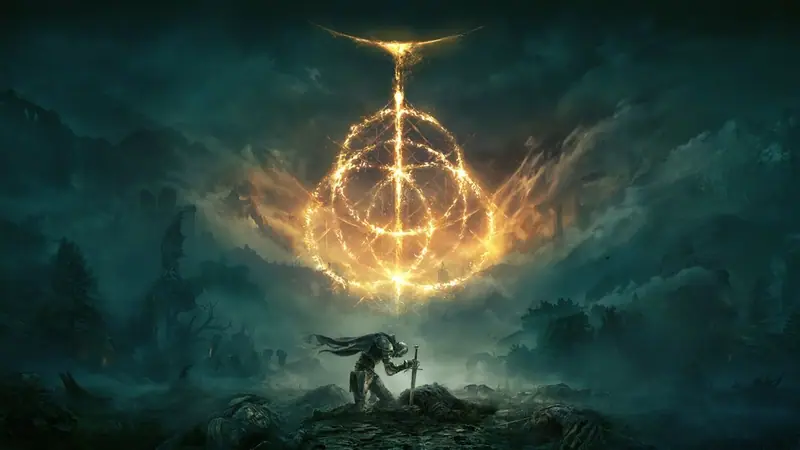 Official Elden Ring key art: a kneeling knight beneath a glowing golden Elden Ring in a misty ruined landscape