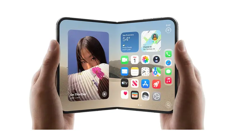 Two hands holding an unfolded Apple iPhone Duo, with the home screen spread across both halves of the inner display